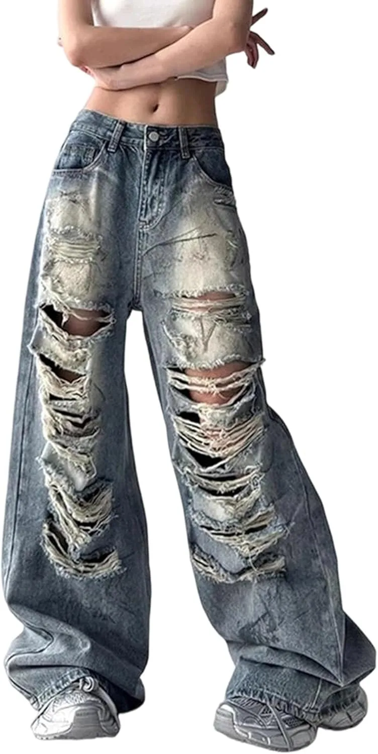 

Женские джинсы с потертостями Loose Fit Wide Leg