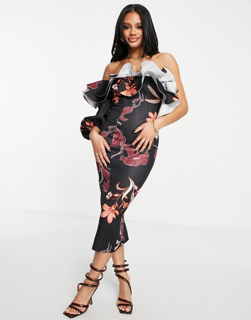 

ASOS DESIGN – платье миди с объемными рукавами в темный цветочный узор