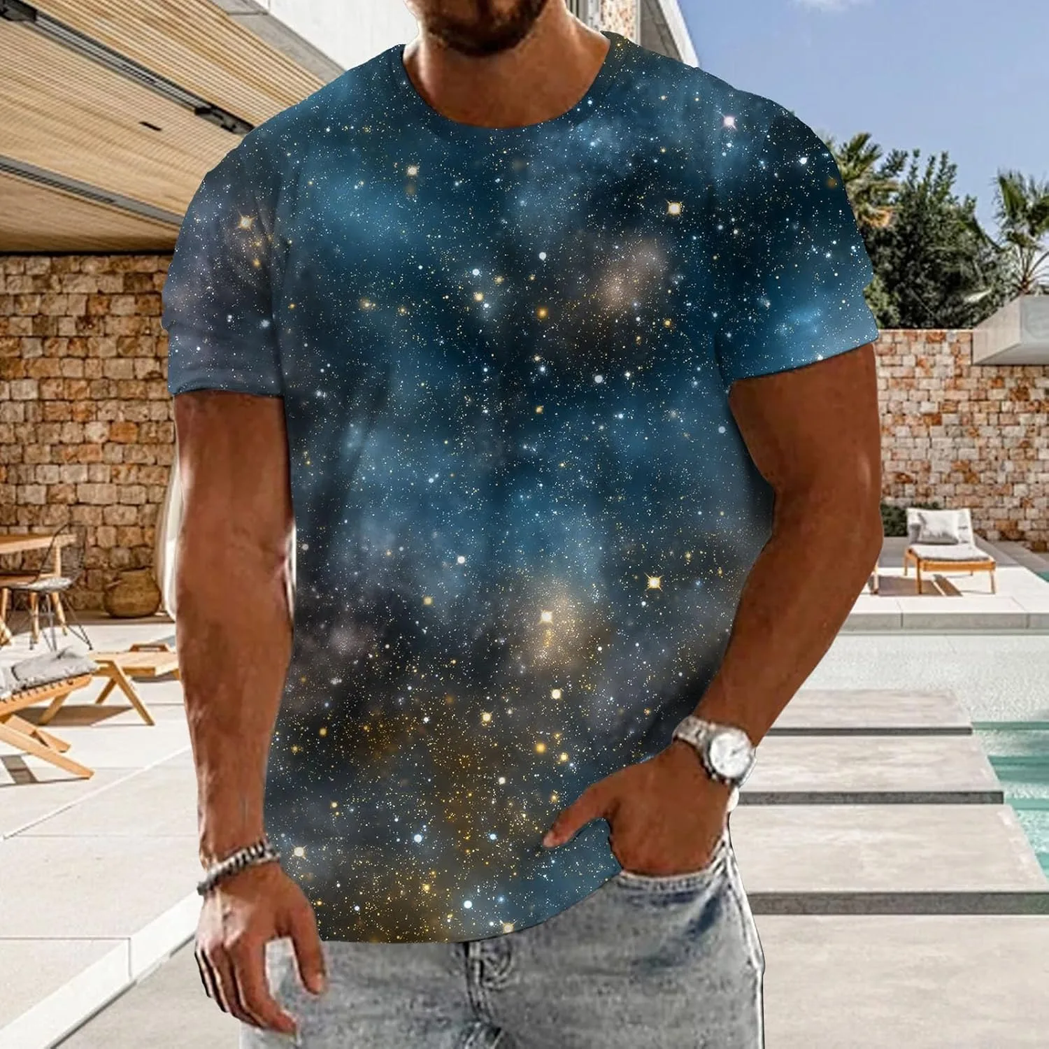 Мужская футболка Casual Starry, мягкая, эластичная, свободного кроя, с коротким рукавом, размеры S–5XL — фото 2