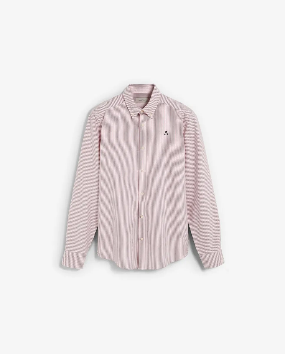 

Мужская рубашка Оксфорд в полоску с контрастной вышивкой черепа на груди Scalpers, розовый