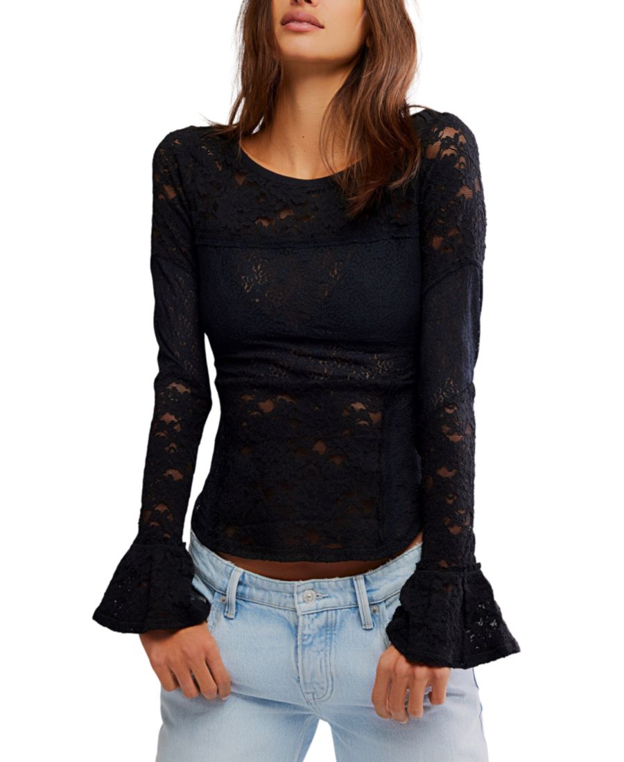 

Женская прозрачная кружевная блузка с расклешенными рукавами Free People, Black