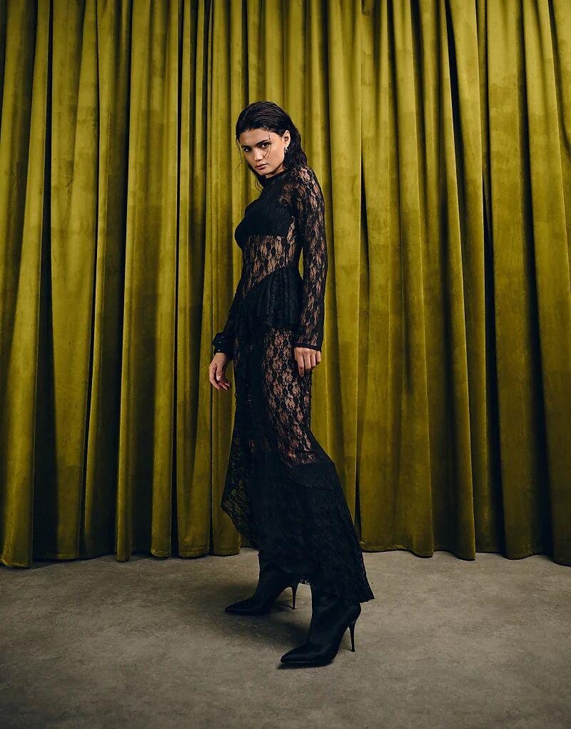 

Платье макси с длинными рукавами и оборками ASOS DESIGN черного цвета