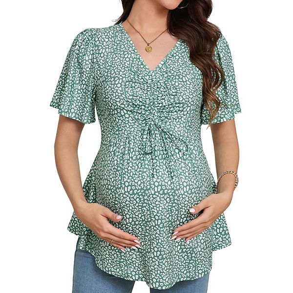 

Блузка для беременных с запахом и V-образным вырезом, летняя, с коротким рукавом Clearflower, Green Floral