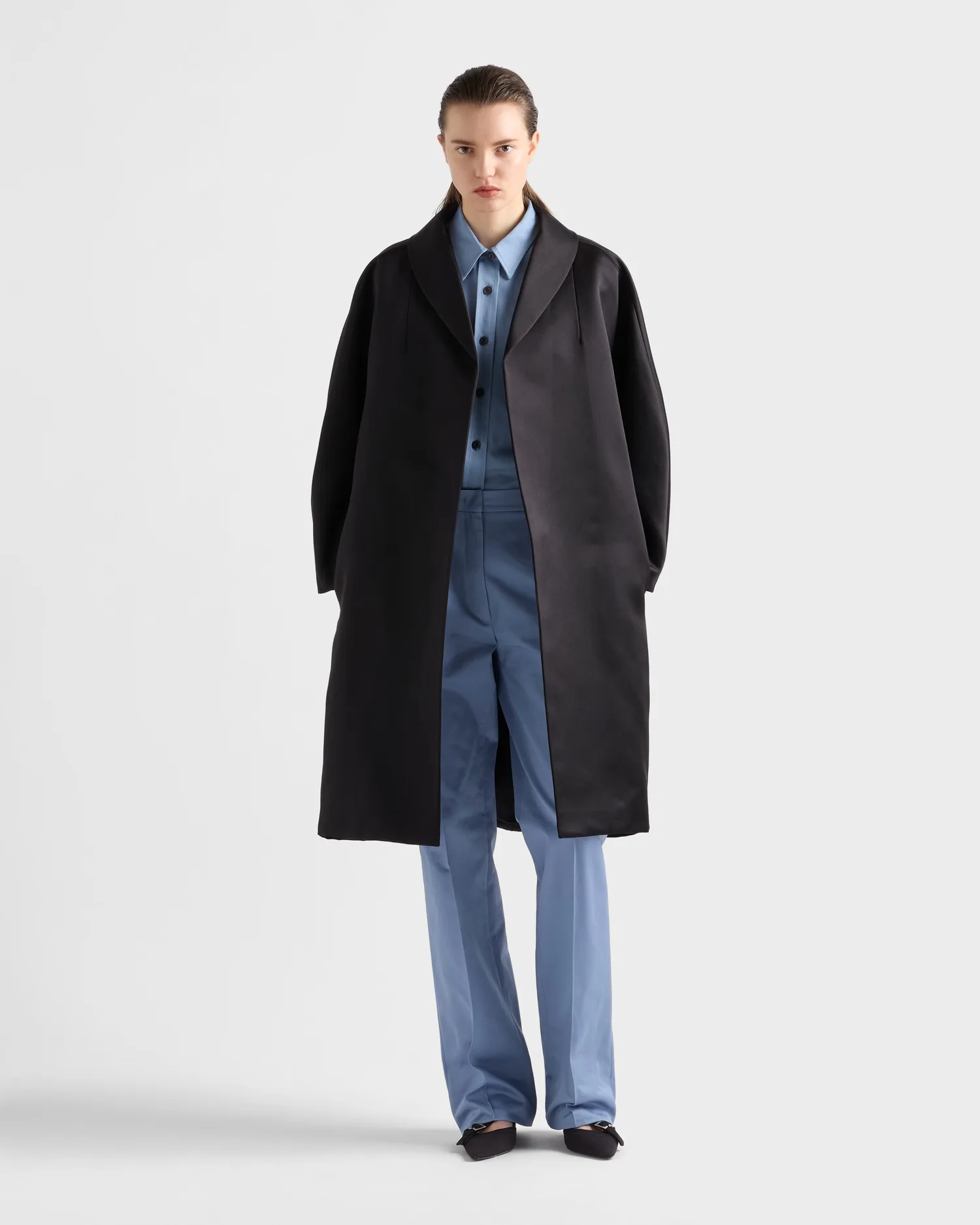 Однобортное пальто из двойного атласа Prada, черный — фото 2