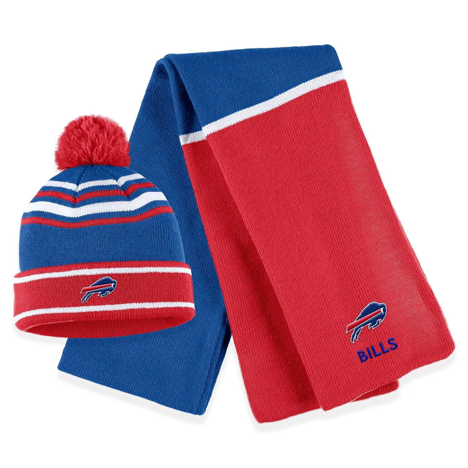 

Женская одежда от Erin Andrews Royal Buffalo Bills Вязаная шапка с цветными блоками с манжетами, помпоном и шарфом