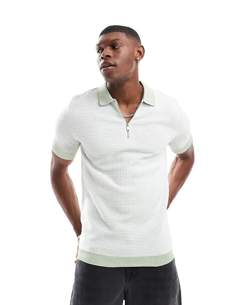 

Поло Muscle Fit Zip Polo в белом и зеленом цветах River Island