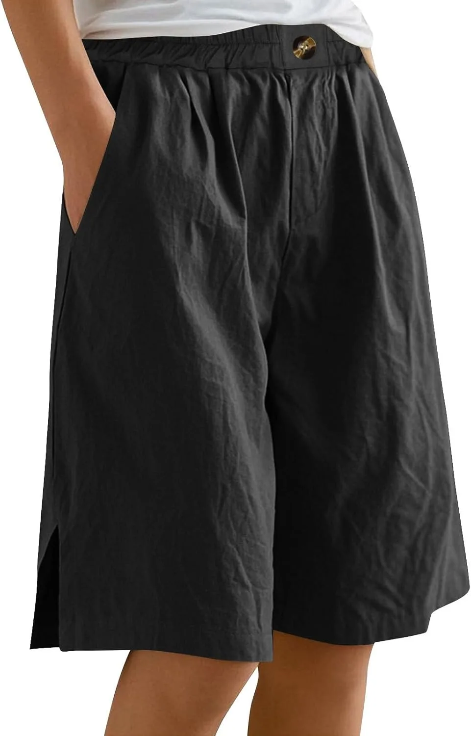 

Льняные шорты для женщин Wide Leg Knee Length High Waisted с карманом