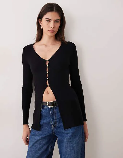 

Вязаный удлиненный кардиган Miss Selfridge с пуговицами в рубчик