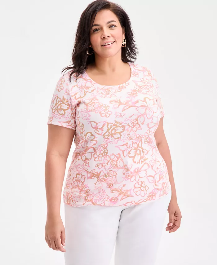 

Топ с принтом и круглым вырезом, Plus Size Style & Co, розовый
