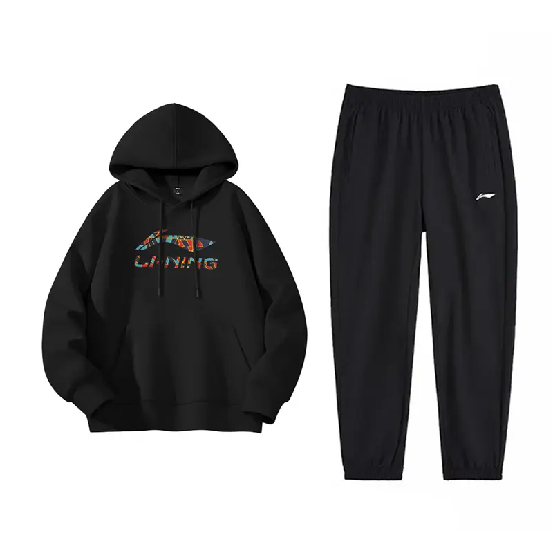 

Li Ning Casual Sportswear Unisex Li-Ning, черный fleece-lined pullover hoodie+черный fleece-lined cuffed sports pants