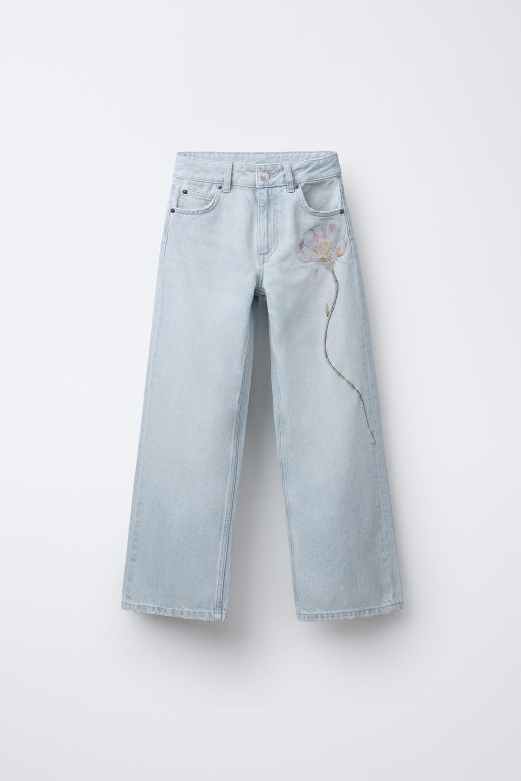 

Широкие джинсы с вышитым цветком ZARA, светло-синий