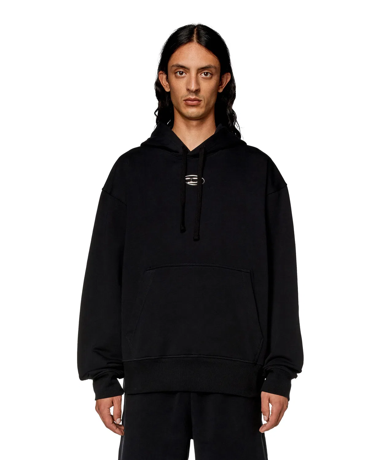 Мужская свободная пуловер-худи с металлическим логотипом, хлопок, чёрный — фото 3
