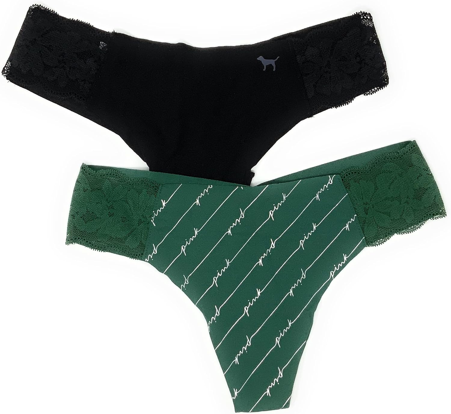 

Victoria's Secret Pink трусики-стринги No-Show, набор из 2 штук, Black/ Dark Green Script