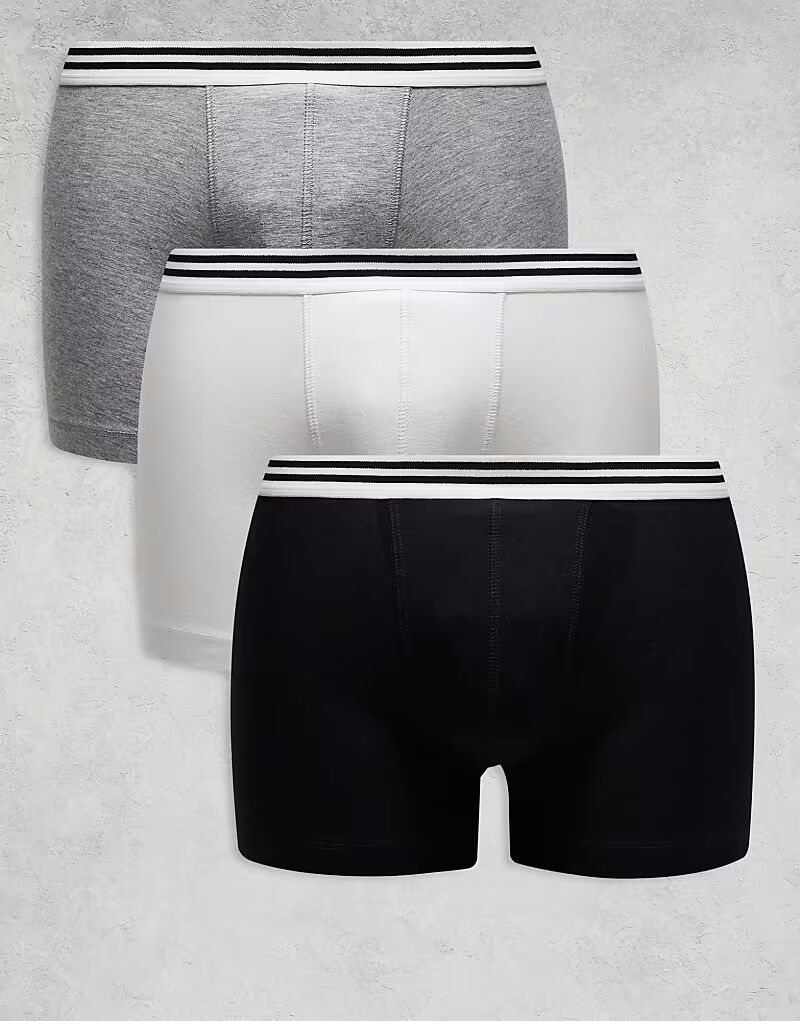 

Комплект из 3 боксеров ASOS DESIGN с полосатым поясом черного, белого и серого цветов