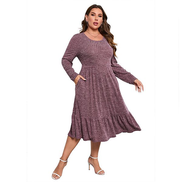 

Платье миди с длинным рукавом и рюшами по подолу Plus size Seoria, Burgundy