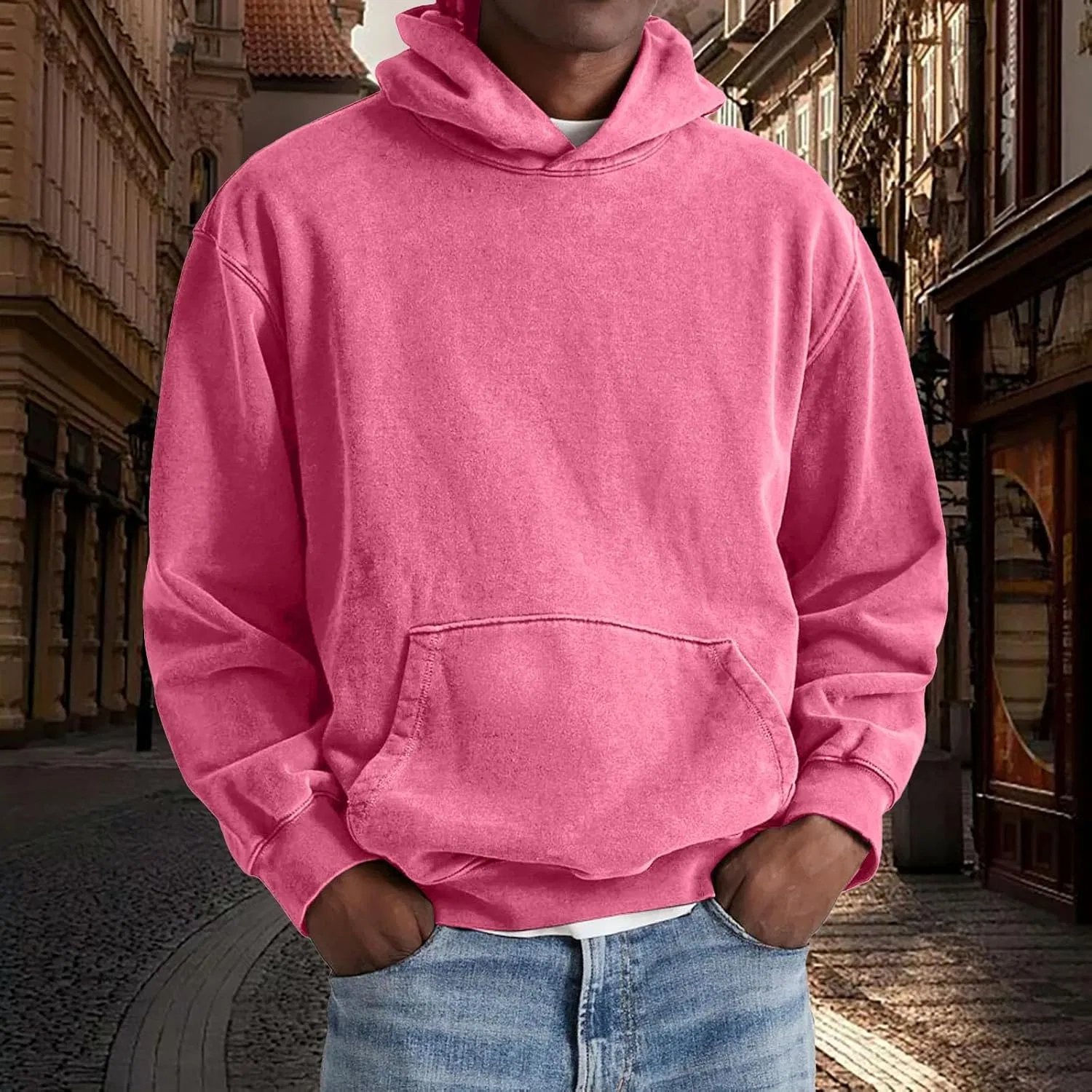 Мужской худи с флисовой подкладкой, свободный, с капюшоном и карманами, Hot Pink — фото 2