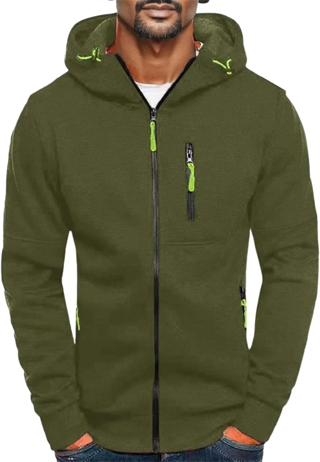 Мужская худи на молнии с капюшоном, флисовая, оверсайз, 2-army Green