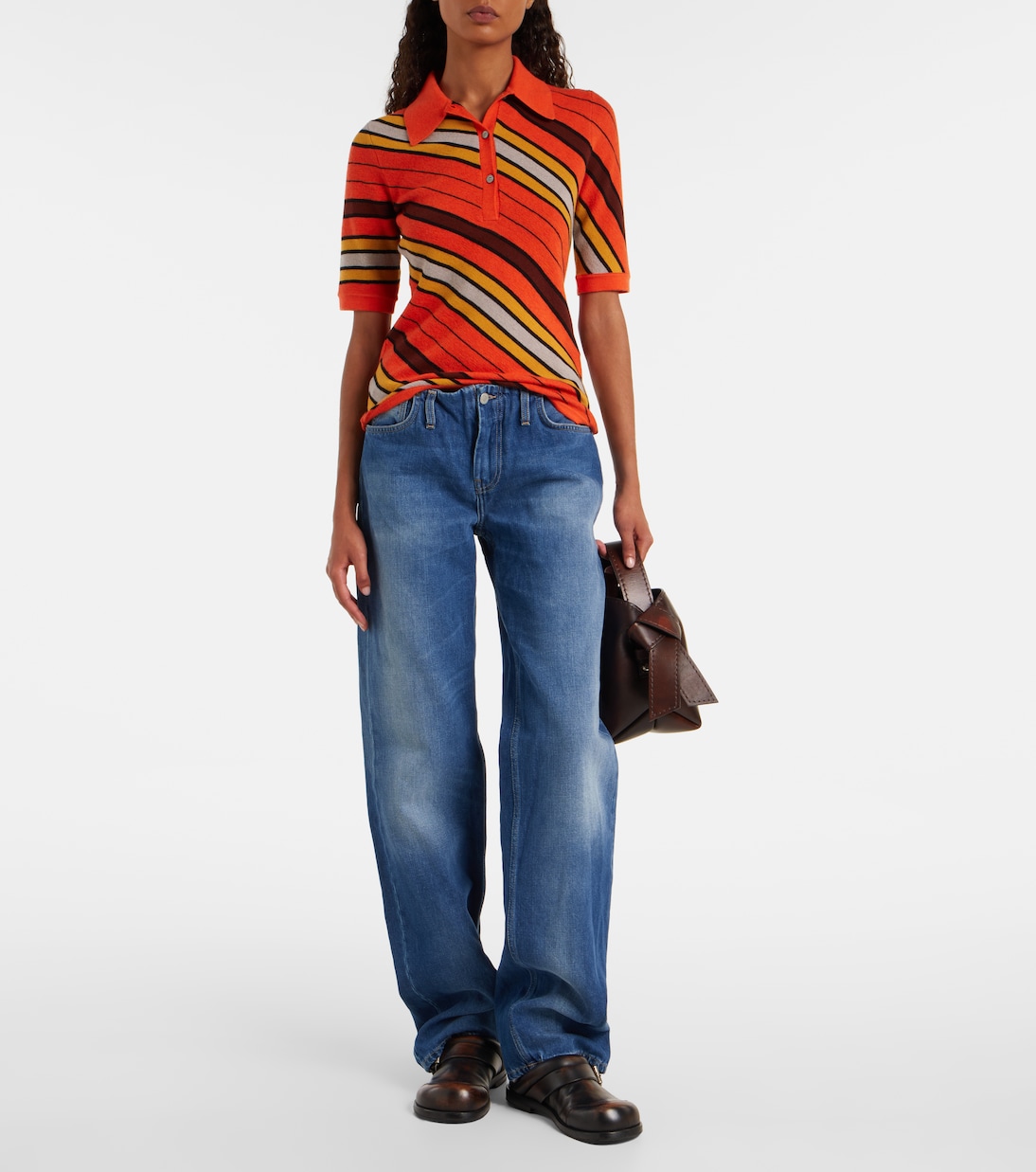 Рубашка-поло из шерстяной ткани в полоску с ребристым узором Acne Studios, Multi Orange — фото 2