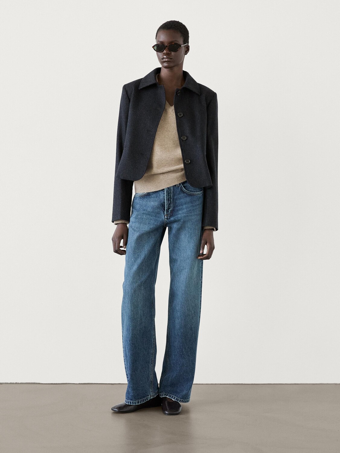 

Короткий жакет в тонкую полоску из смеси шерсти Massimo Dutti, синий