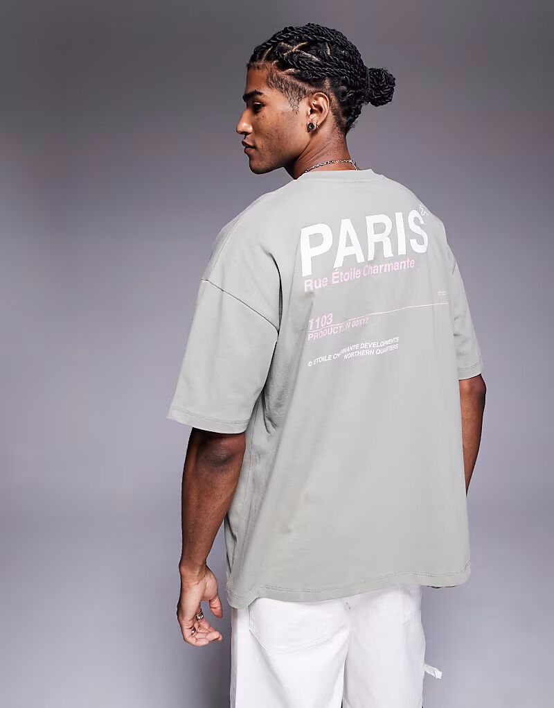 

Футболка ASOS DESIGN свободного кроя с надписью Paris серо-зеленого цвета