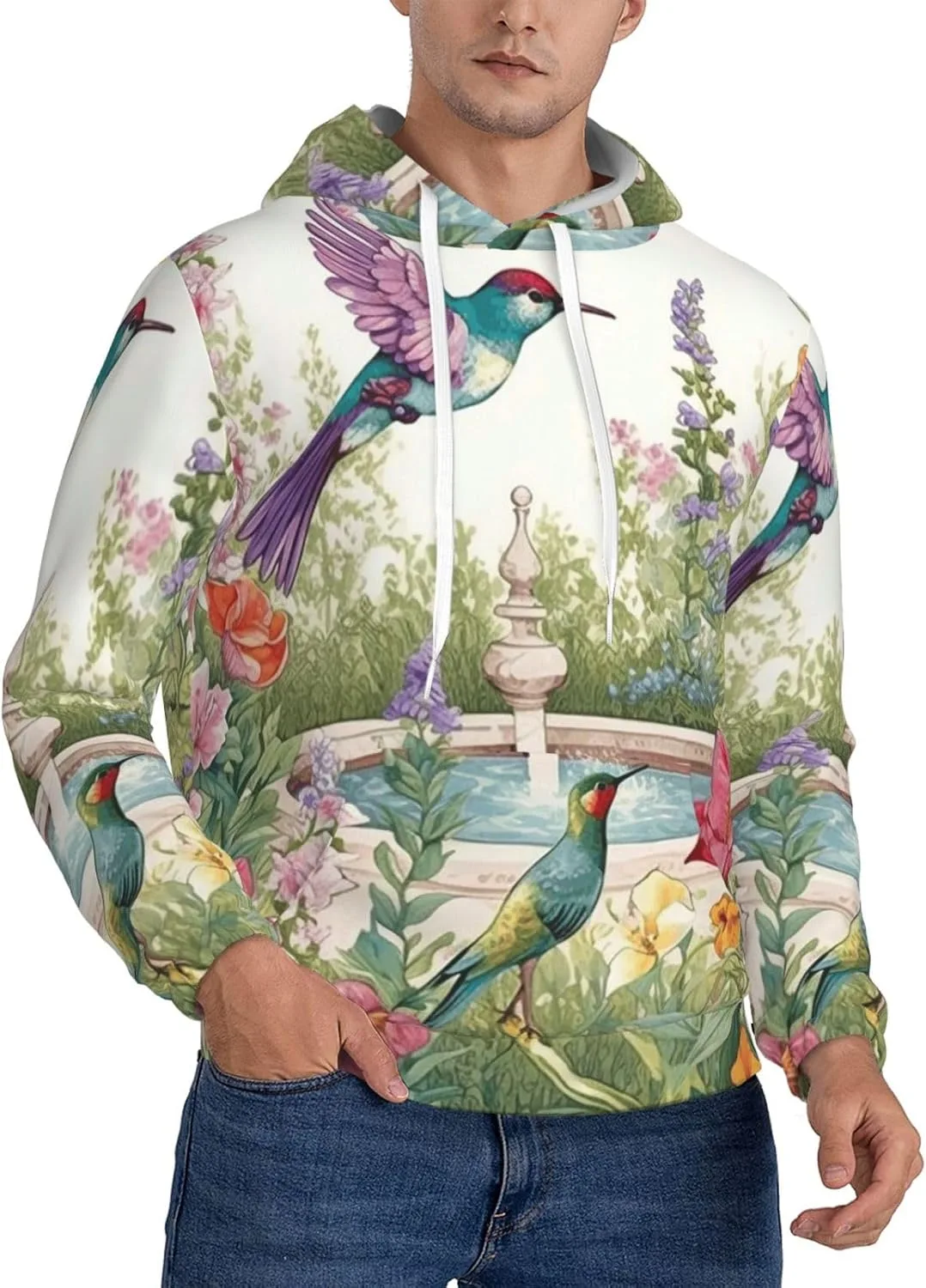 

Мужская флисовая толстовка с капюшоном, Casual с длинным рукавом, принт "Сад с птицами и цветами" KKLWEGU