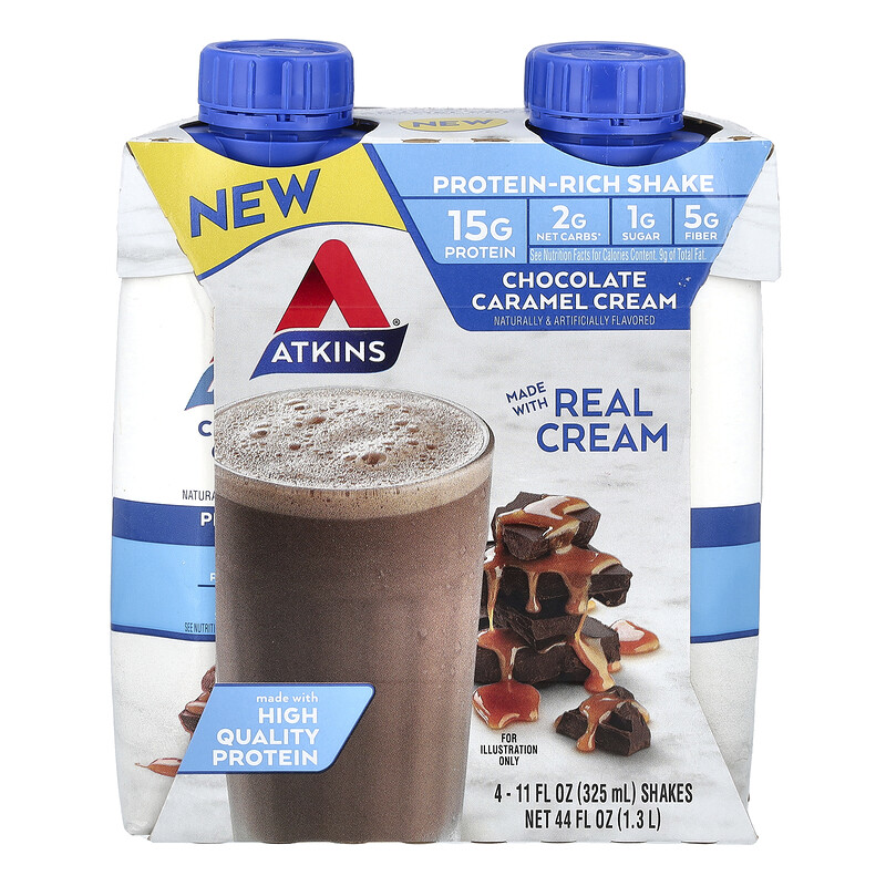 

Atkins, Protein-Rich Shake, шоколадно-карамельный крем, 4 коктейля, 325 мл (11 жидк. унц.)