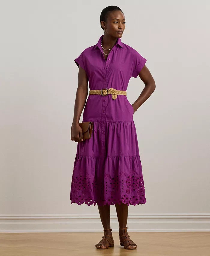 

Женское платье-рубашка из батиста с ярусами и ажурной строчкой Lauren Ralph Lauren, фиолетовый