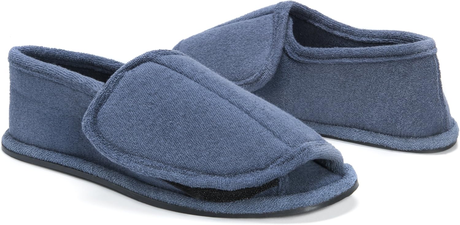 Muk LUKS Muk LUKS Мужские махровые регулируемые тапочки с открытым носком и полным покрытием стопы - темно-синие — фото 3