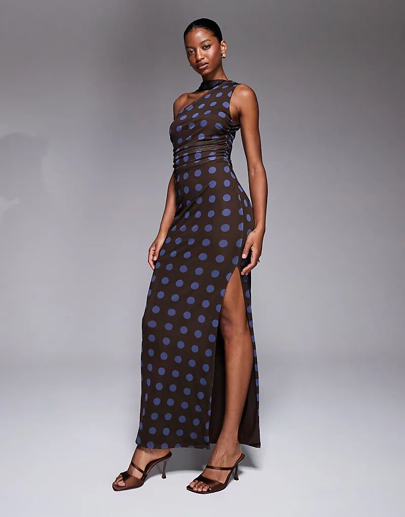 

Эксклюзивное двухслойное обтягивающее сетчатое платье Kaiia на одно плечо с шарфом в коричневый и синий горошек