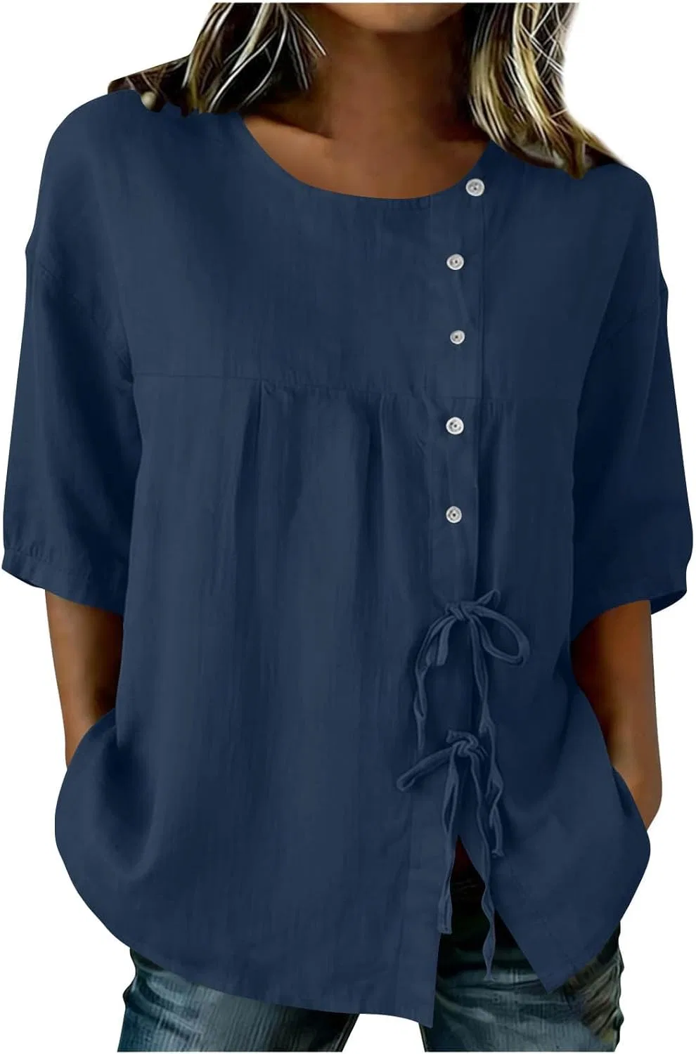 Блуза женская с рукавом 3/4, Cotton Linen, синий