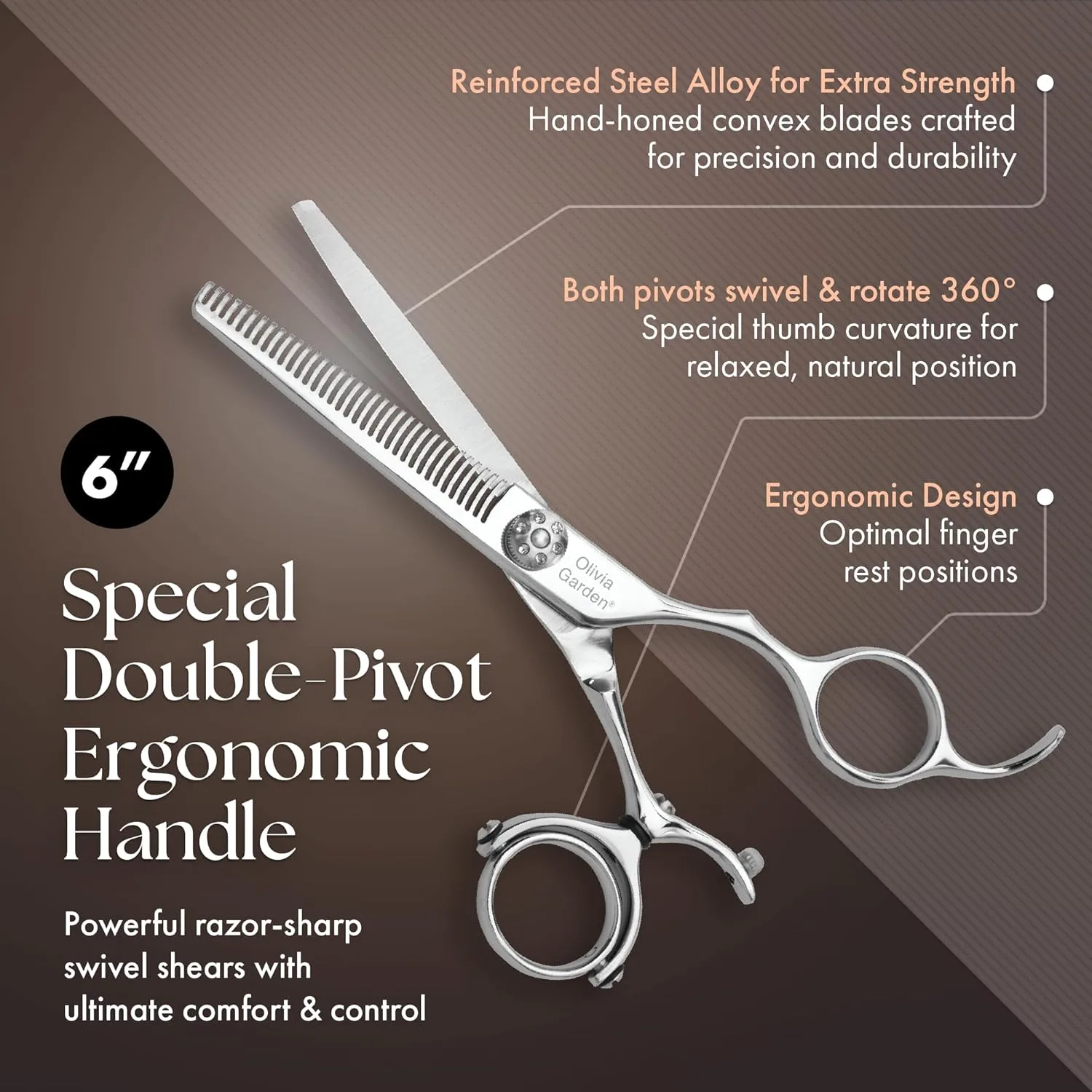 Набор профессиональных парикмахерских ножниц Olivia Garden SwivelCut с футляром и бритвой Edge - 6 предметов. Набор для утоньшения (SW-C08): SW-T635D, бритва RZ-E — фото 3