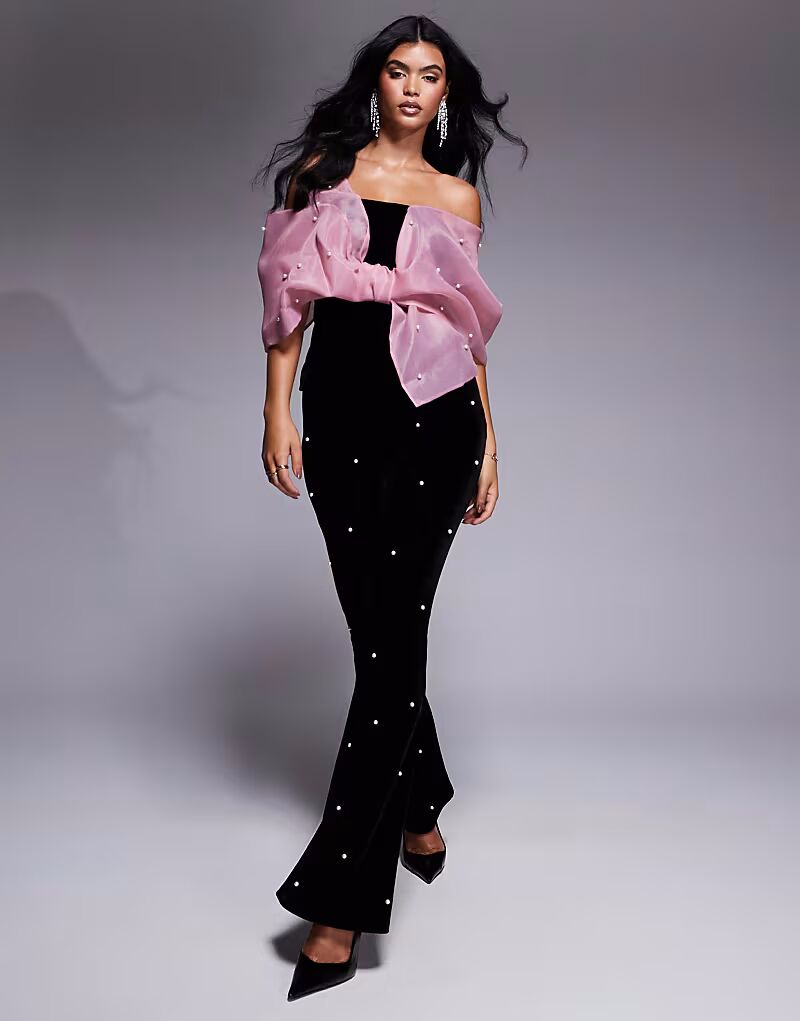 

Бархатные брюки ASOS LUXE черного цвета с отделкой из жемчуга