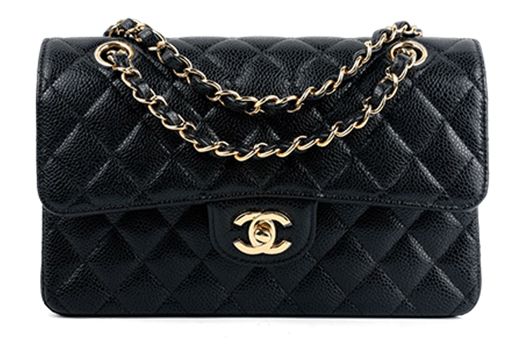 CHANEL Классическая стёганая сумка с двойным клапаном из кожи зернистой текстуры малого размера чёрного цвета с золотистой фурнитурой — фото 2
