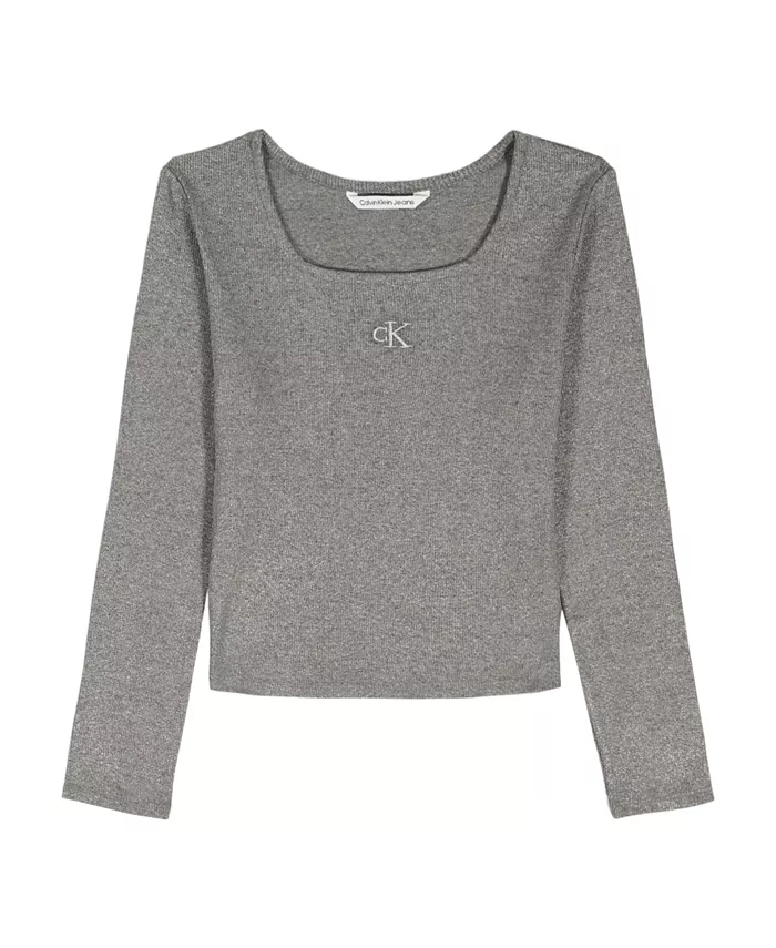 

Детская футболка с металлическим принтом и квадратным вырезом для девочек 7-16 лет Calvin Klein, серебро