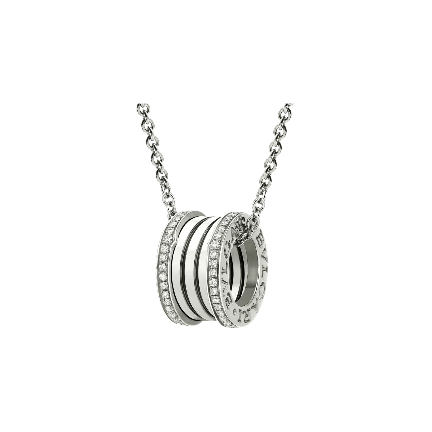 

Подвеска b.zero1 с цепочкой из 18-каратного белого золота и бриллиантовым паве по внешним краям. Bulgari