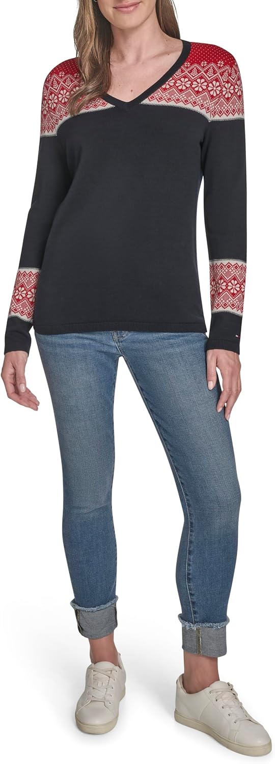 Женский свитер Tommy Hilfiger Fairisle с длинными рукавами и V-образным вырезом, Sky Captain Fairisle — фото 2