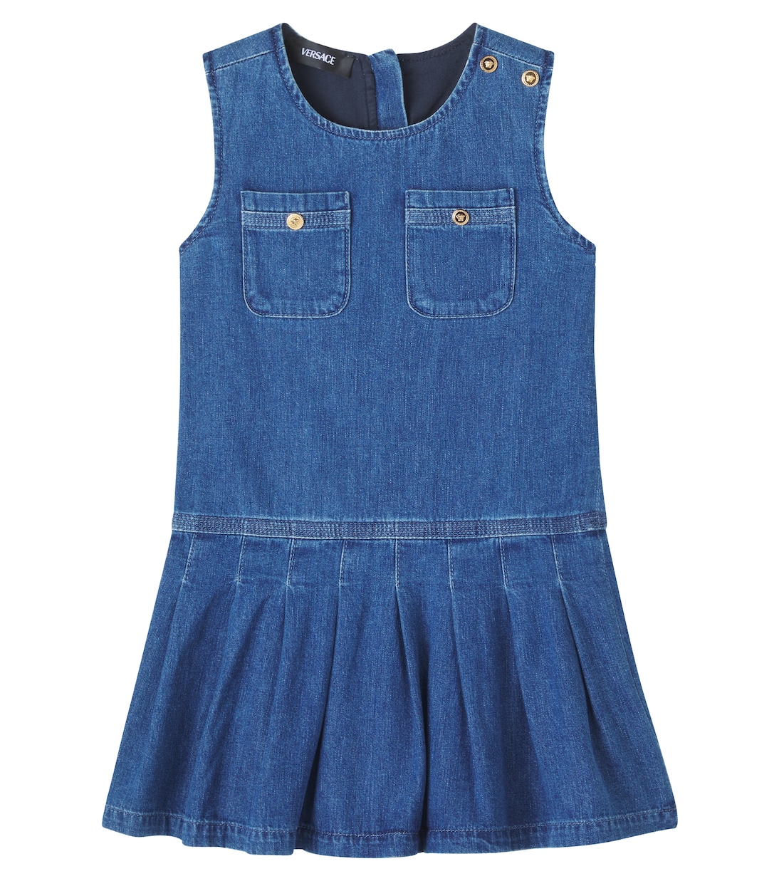 

Платье из плиссированного хлопкового денима Versace Kids, Medium Blue