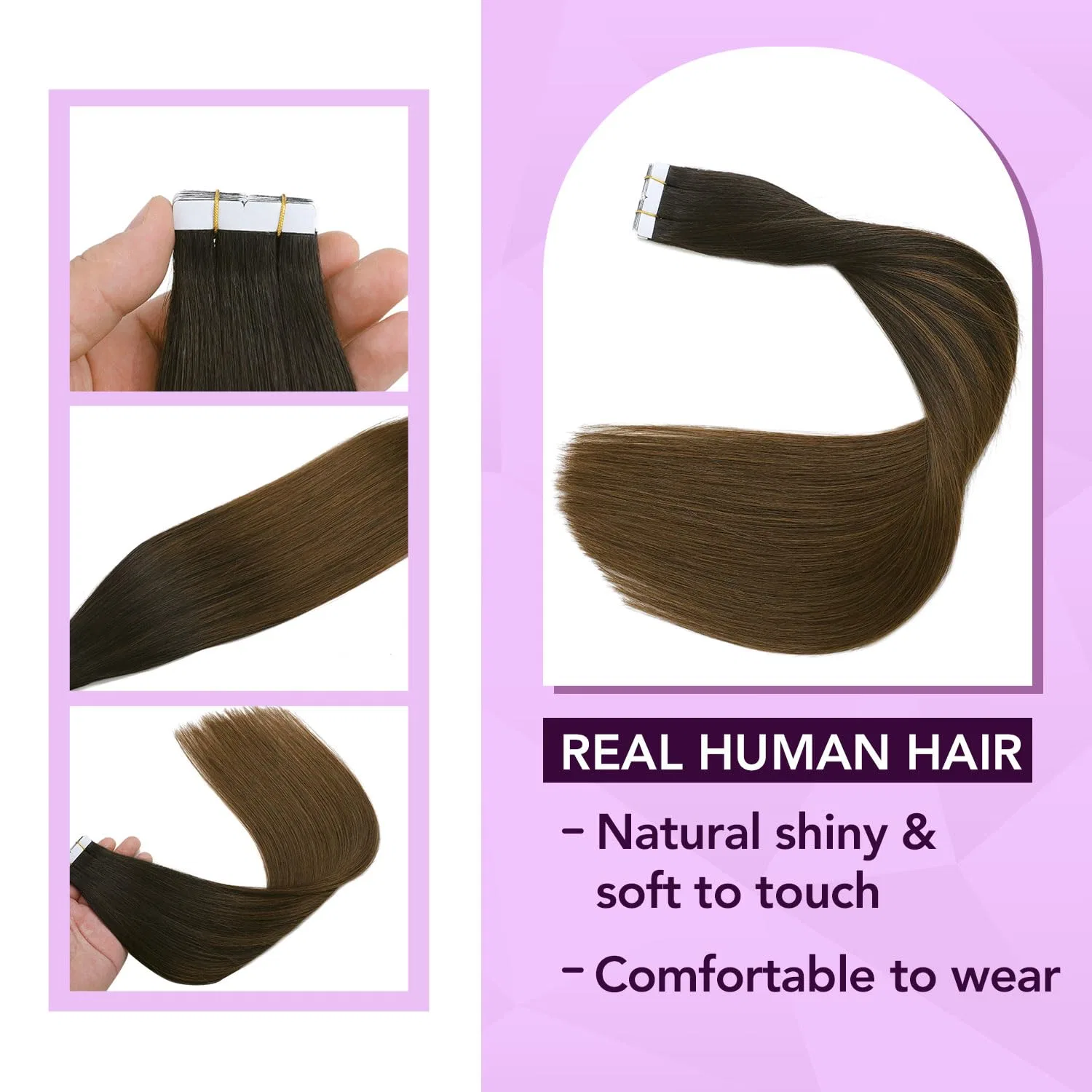 Наращивание волос на лентах «Tape-In Real Hair Extensions» 40 см, натуральный черный-темно-коричневый омбре, 20 шт., 50 г от Sindra Sindra, #1Bt4 Natural Black To Dark Brown — фото 2