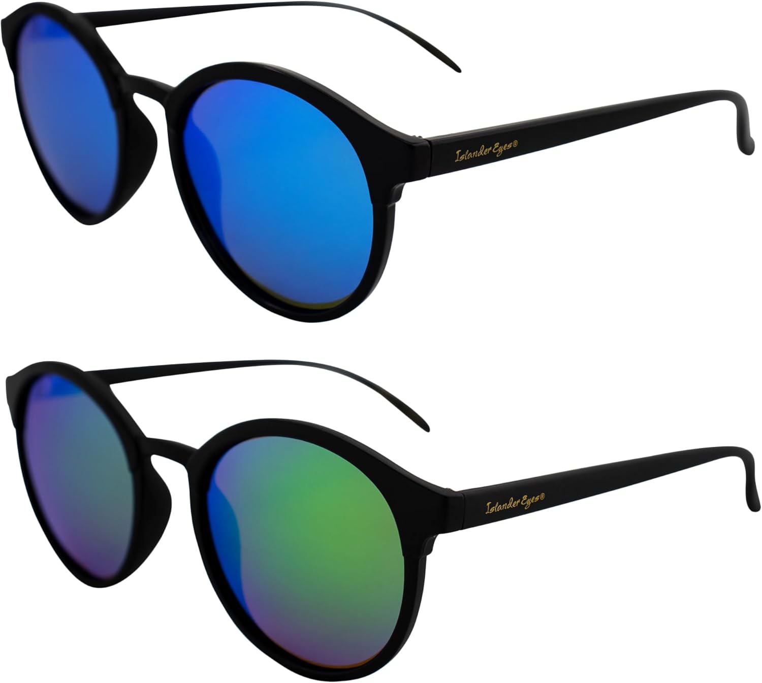

Поляризованные солнцезащитные очки Maldives для мужчин и женщин, 2 пары, увеличенная круглая черная оправа с сине-зелеными зеркальными линзами Islander Eyes, Black-blue/Green