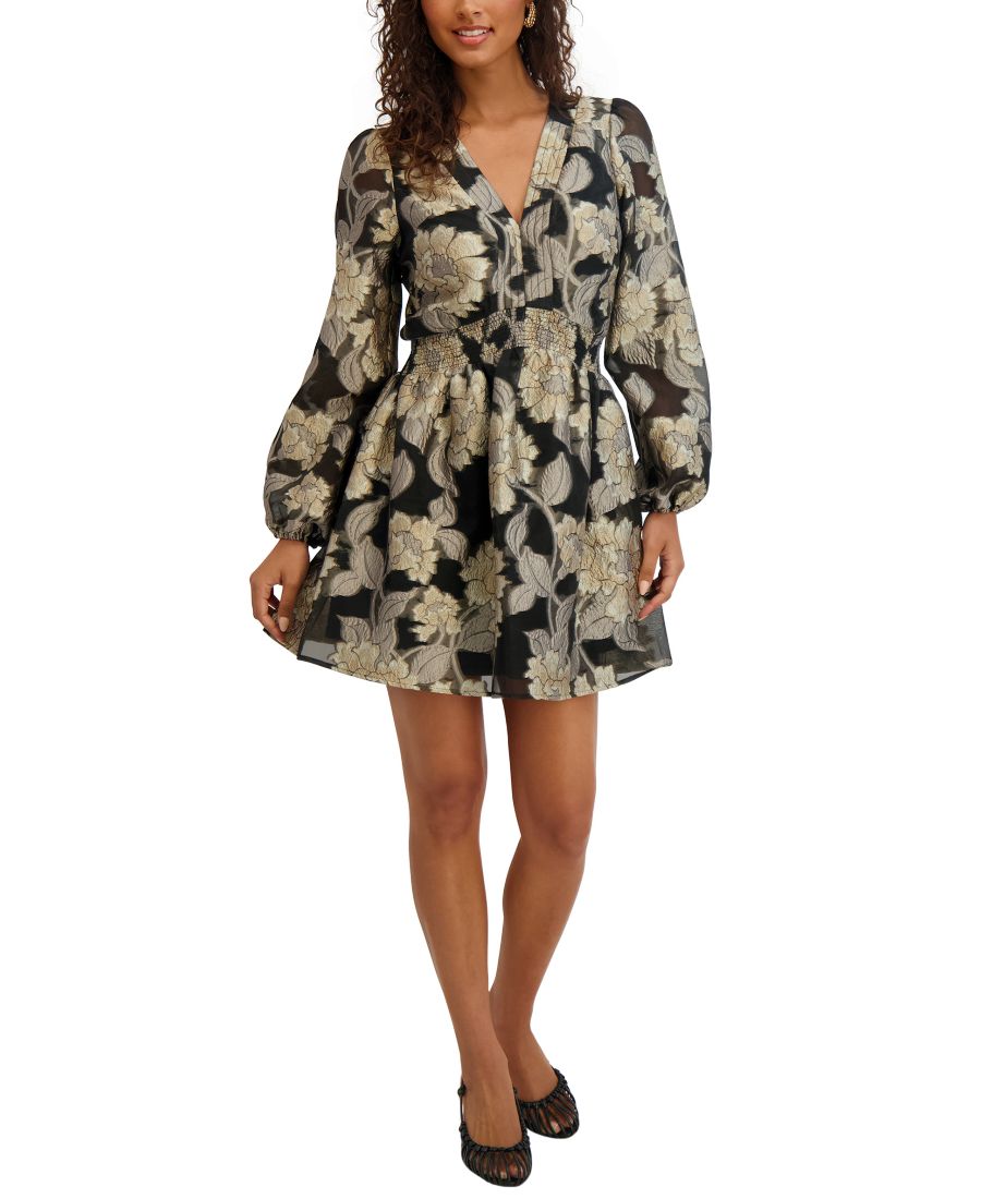 

Женское короткое платье из органзы с V-образным вырезом kensie, Black Gold