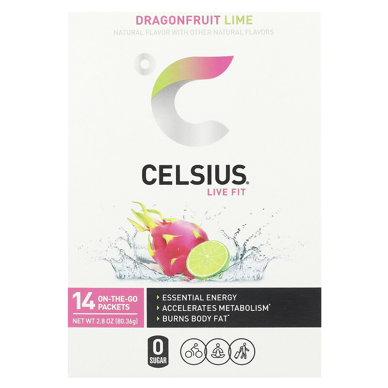 

Celsius, Live Fit, драконий фрукт и лайм, 14 пакетиков по 5,74 г (0,2 унции)