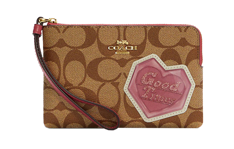 

COACH Угловая сумка на молнии из холста и кожи на запястье клатч кошелек женский хаки и персиковый розовый