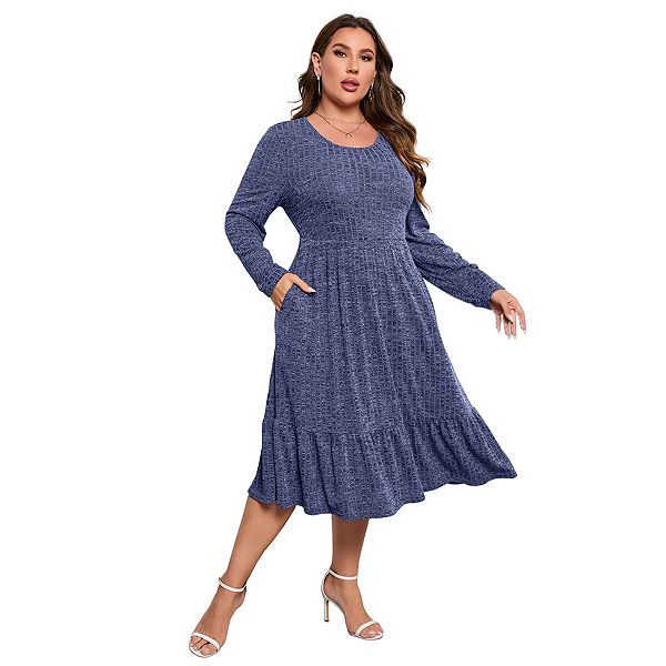 

Платье миди с длинным рукавом и рюшами по подолу Plus size Seoria, Blue