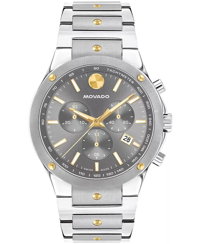 

Мужские часы SE Swiss Quartz Chrono из нержавеющей стали, двухцветные, с желтым PVD-покрытием, 42 мм Movado, серый