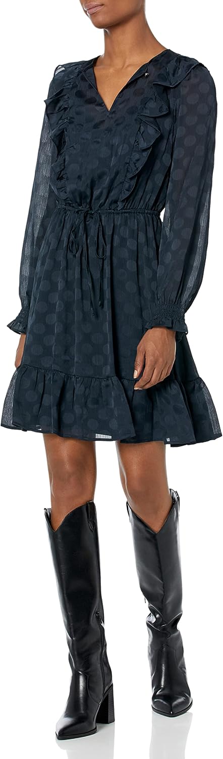 

Женское шифоновое платье Tommy Hilfiger с длинными рукавами, V-образным вырезом и оборками, Sky Captain