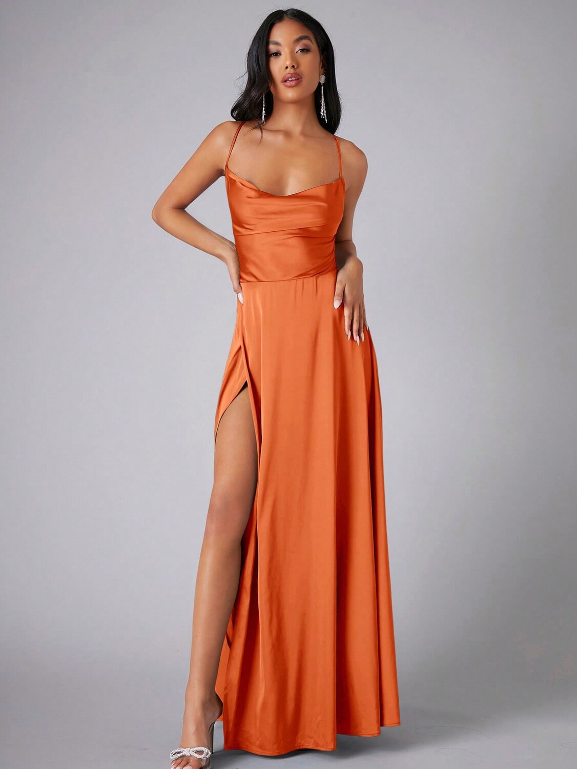 

SHEIN Платье для подружки невесты Belle, воротник с лацканами, атласный низ, оранжевый цвет