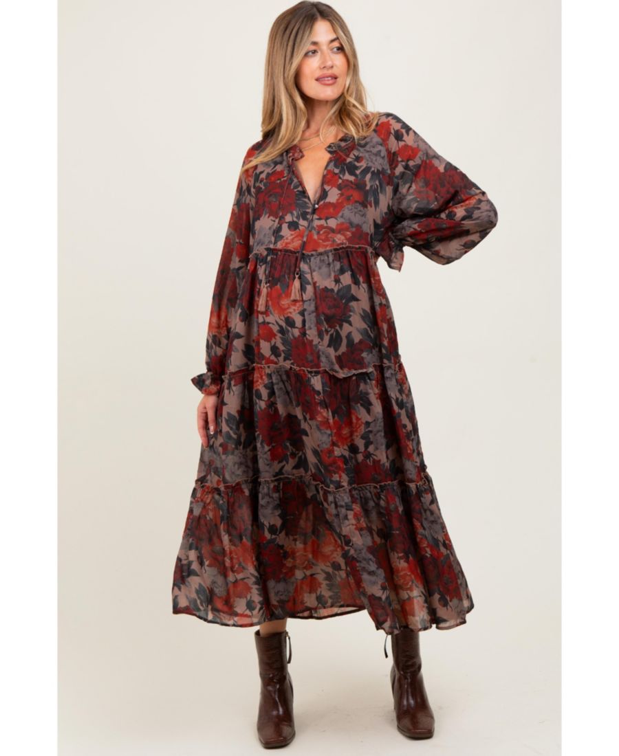 

Бежевое миди-платье для беременных из шифона с цветочным принтом и оборками Pinkblush, Beige