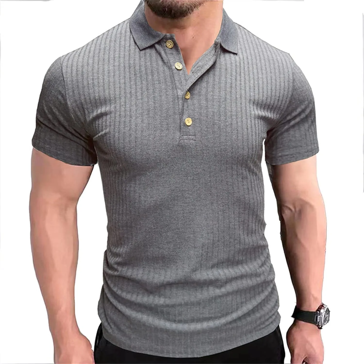 Мужская футболка V-образного выреза с пуговицами Slim Fit — фото 2