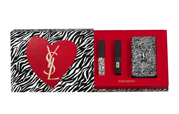 SAINT LAURENT Набор помад glow in the dark zebra limited gold bar, 2 шт, легко растушевывается, стойкий, натуральный тон, Qixi Festival Limited Glow in The Dark Zebra Dual-Color Mouth Red Box