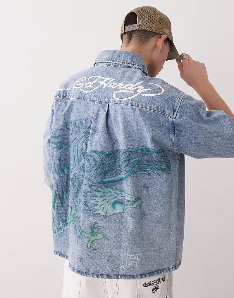 

Рубашка джинсовая свободная Ed Hardy Eagle and Stars синего цвета